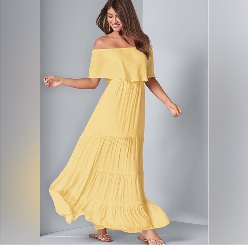 Tiered Maxi Dress Off the Shoulder Venus Dress Yellow 4 Small XS flowy bohemian